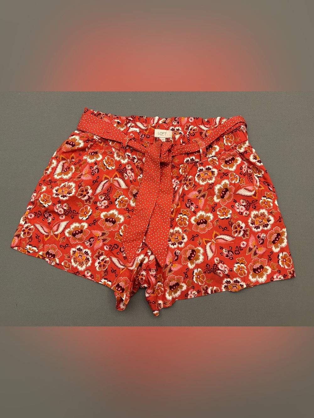 LOFT‎ High-Waist Floral Tie-Front Shorts in Coral w/Polka Dot Tie Waist